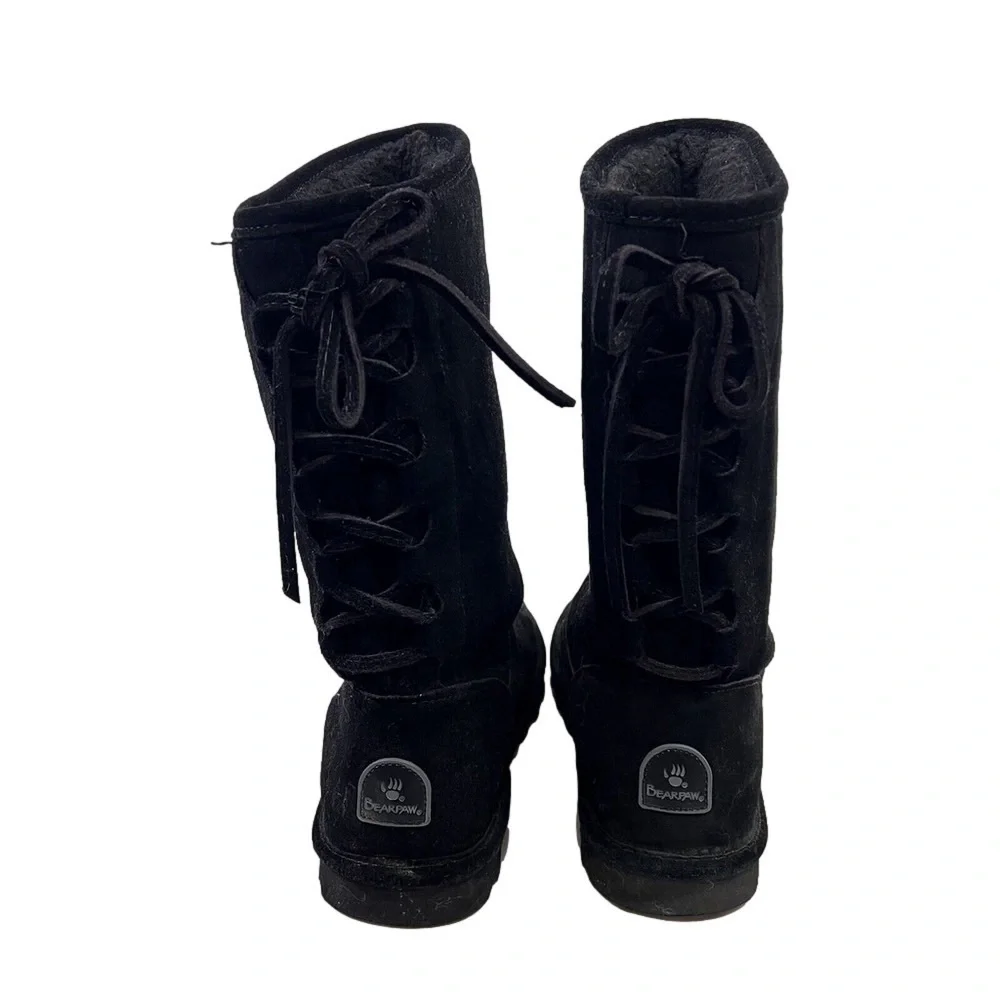 Bearpaw Boots Womens 9 Black Mid Calf Suede Faux Fur Trim Pull On Lace Up - Picture 1 of 10
